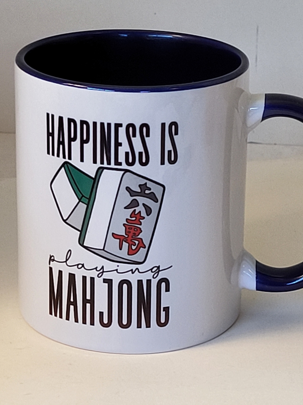 Happiness Is Playing Mahjong Ceramic Coffee Mug - White with Blue Interior 10oz